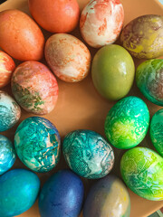 colored eggs in a box for easter