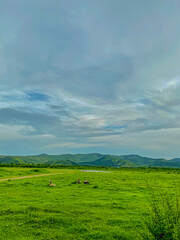 Obraz premium Landscape view of grassland with mountain and cloudy sky background.