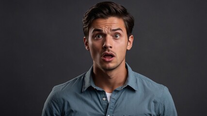 Obraz premium Stunned handsome man youngster with dark hair, has surprised expression in ash color background