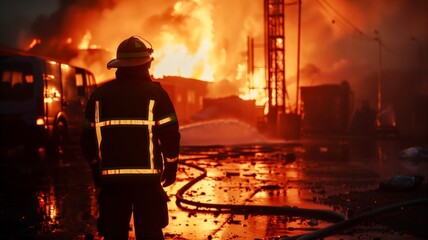 Firefighter responding to a large blaze at a warehouse in the early hours of the morning in an urban area
