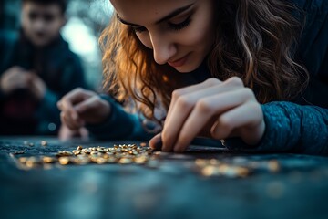 Fototapeta premium Woman arranging thumbtacks on table with boy in background