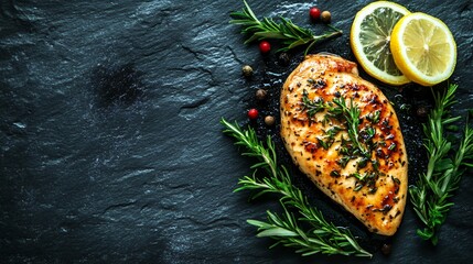 Lemon-glazed chicken breast with herbs, isolated on a dark slate background