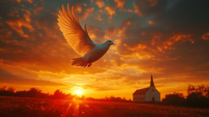 A white dove gracefully flies above a church against a vibrant sunset backdrop