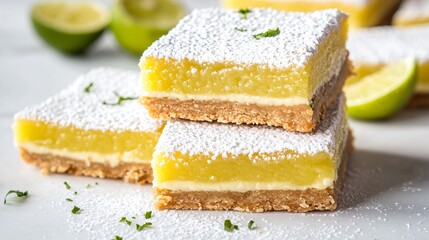 Lime pie bars topped with powdered sugar, stacked on a clean white surface
