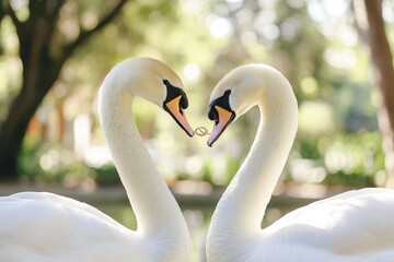 Fototapeta premium Two Swans Forming Heart Shape With Wedding Ring