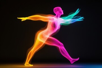 Obraz premium Dynamic silhouette of a running figure surrounded by vibrant colors, representing energy and motion in a captivating manner.
