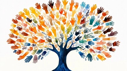 Artistic depiction of a tree representing unity through diverse human hands.