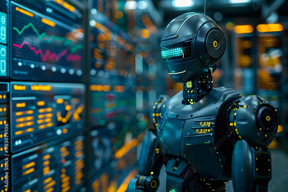 Poster humanoid robot analyzing graph while chatting with colleagues