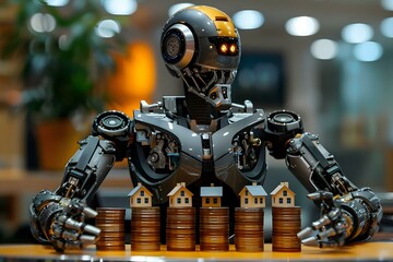 Fototapeta premium Midsection of humanoid robot protecting house models on stacked coins at table.
