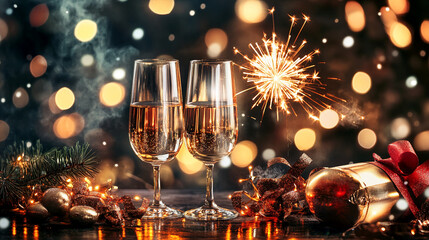 New Year's Eve celebration with champagne glasses and party decorations background