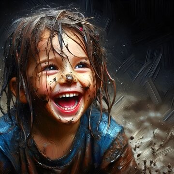 A joyful child with a wide smile, covered in mud and water, suggesting a playful and carefree moment, intricate brushstroke effect