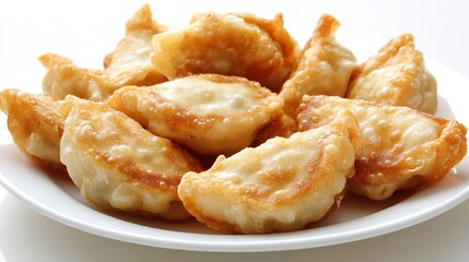 A plate of fried dumplings sits on a white table