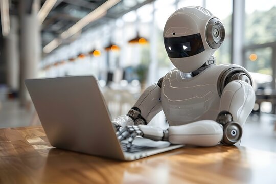 Young humanoid robot Video Conferencing With His Colleagues On Laptop Over Wooden Desk In The Office. - Powered by Adobe