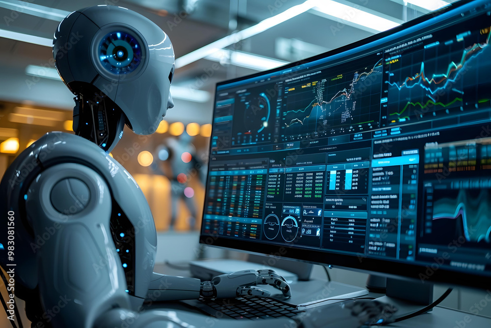 Poster humanoid robot analyzing financial kpi data on computer dashboard.