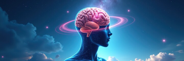 Obraz premium A captivating digital illustration of a human silhouette with a glowing brain, symbolizing intelligence, creativity, and innovation in a futuristic setting.