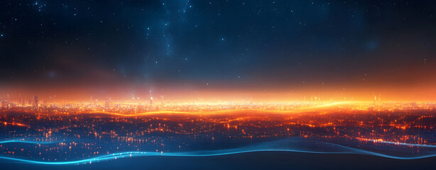 Fototapeta premium Abstract Digital Waves with Glowing Orange and Blue Lights - Futuristic Data Flow
