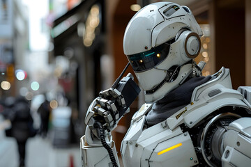 Naklejka premium Portrait of humanoid robot security guard talking on walkie-talkie.