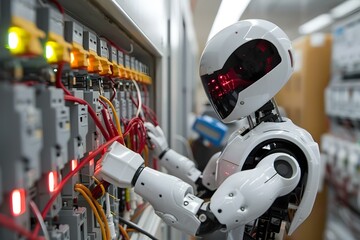 Fototapeta premium Close-up Of Humanoid Robot Checking Fuse Box With Multimeter.