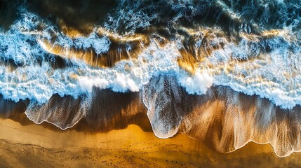 The ocean waves are crashing against the shore, creating a beautiful