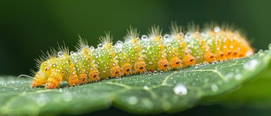 Fototapeta premium Colorful Caterpillar with Dew on Green Leaf