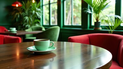 Fototapeta premium Black Coffee Cup on a 70's Style Green and Red Table in a Restaurant with Tropical Plants