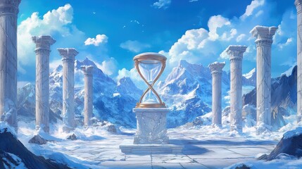 Painting of an hourglass in the center, a fantasy landscape with marble columns and snowy mountains, a blue sky with clouds, in the style of fantasy art