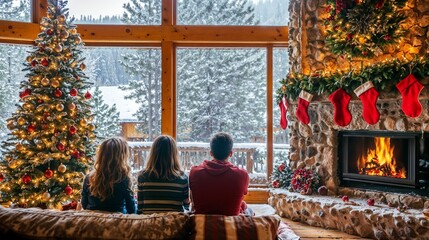 Fototapeta premium A family of three sits in front of a fireplace in a cozy living room. Christmas, Christmas tree