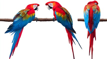 Obraz premium Three colorful parrots are perched on a branch