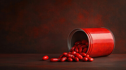 Canned chili beans spilling slightly on a textured surface, evoking a homemade and spicy vibe, canned chili beans, spicy comfort food concept