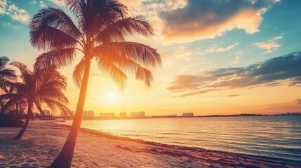 A beautiful beach scene with a palm tree and a sunset in the background