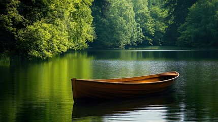 A small boat is floating on a lake with trees in the background