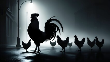 rooster and hens in dark street monochrome.
