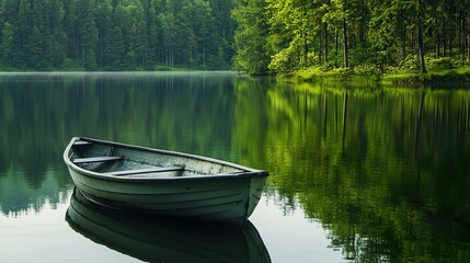 Obraz premium A small boat sits in a lake, surrounded by trees and water