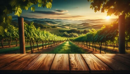 Fototapeta premium Vineyard landscape with wooden table and grapes
