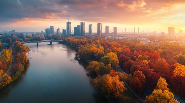 Aerial panorama of Siekierkowski Bridge over Vistula River, showcasing Warsaw's skyscrapers in vibrant autumn hues at sunset.