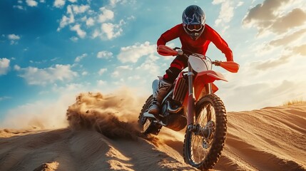 Obraz premium A motocross rider performs stunts on a dirt bike during sunset in a desert landscape with billowing sand clouds