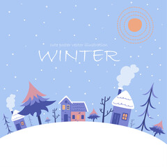 Fototapeta premium Flat vector banner winter landscape, Christmas and New Year celebration in the village. Vector horizontal banner winter wonderland in the countryside