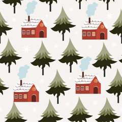 Seamless pattern with winter landscape and houses. Seamless background for Christmas and winter holidays.