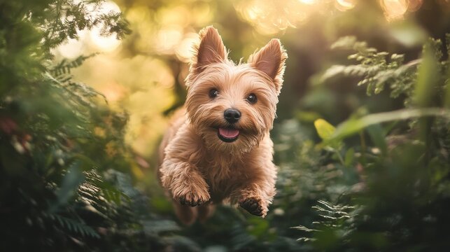 An adorable Norfolk Terrier frolics through a lush forest, its playful spirit captured in a captivating portrait.