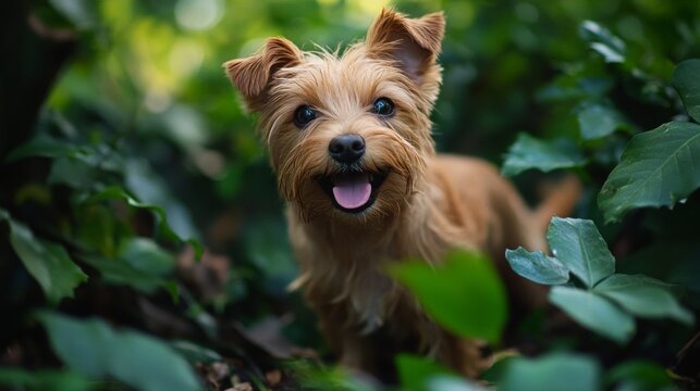 An adorable Norfolk Terrier frolics through a lush forest, its playful spirit captured in a captivating portrait.