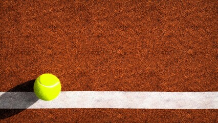 Bright yellow tennis ball near the line of a clay court. Close up of tennis ball. low angle. Ideal for a slide presentation. Template.. Top view.	