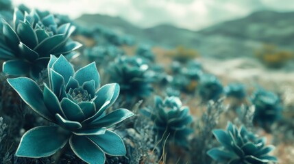 Obraz premium Arid-adapted succulents thriving amidst barren landscapes, their emerald silhouettes piercing the horizon.