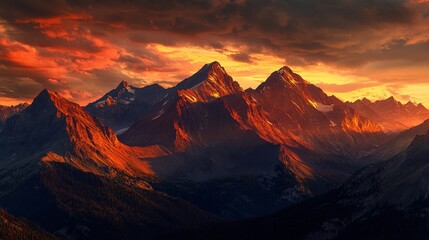 Naklejka premium As the sun dips below the horizon, the mountain peaks are ablaze with hues of gold and crimson, creating a breathtaking spectacle against the fading light.