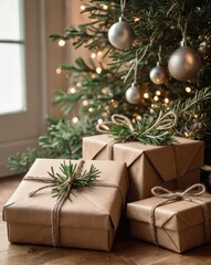 Three brown boxes with ribbons tied to them are sitting under a Christmas tree. Christmas, Christmas tree
