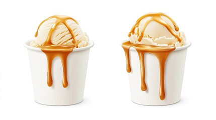 Two ice cream cones with caramel drizzled on top