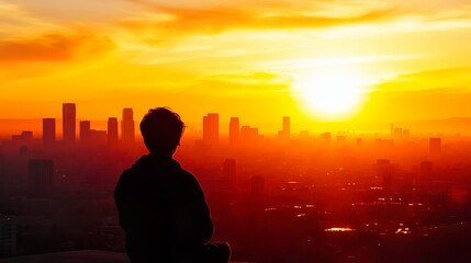 Fototapeta premium A man is standing on a hill overlooking a city at sunset