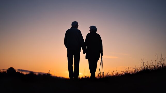 A couple is walking together in a field at sunset