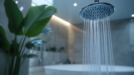 Sleek chrome fixtures glistening with water droplets in rain shower