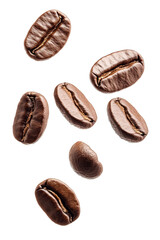 Falling coffee beans isolated on white background, clipping path, full depth of field
