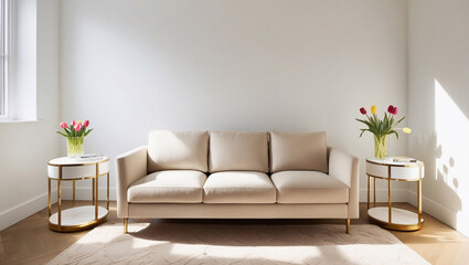 Fototapeta premium There is a beige modern sofa. White walls. It has a white side table with gold tones, a vase of flowers and tulips. There are no windows, and the room is very beautiful with sunlight coming in, making